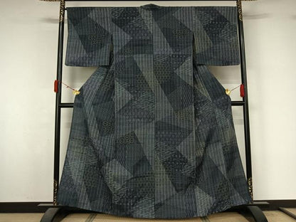 平和屋着物▽上質な紬　単衣　切嵌亀甲文　正絹　逸品　AABL3964jh