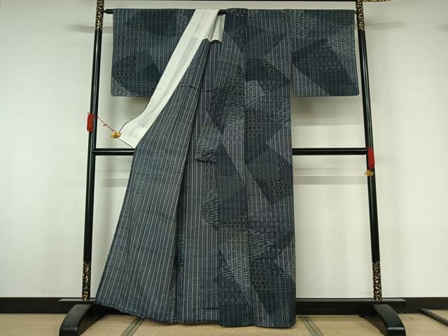 平和屋着物▽上質な紬　単衣　切嵌亀甲文　正絹　逸品　AABL3964jh