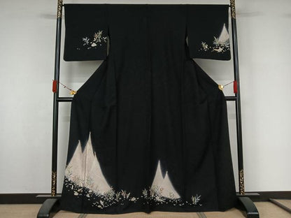 平和屋着物▽訪問着　単衣　風景文　貝　暈し染め　黒地　金彩　正絹　逸品　AABL3965jh