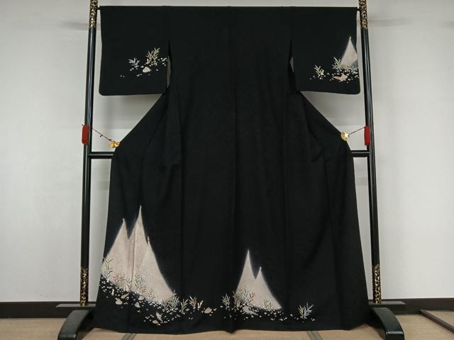 平和屋着物▽訪問着　単衣　風景文　貝　暈し染め　黒地　金彩　正絹　逸品　AABL3965jh
