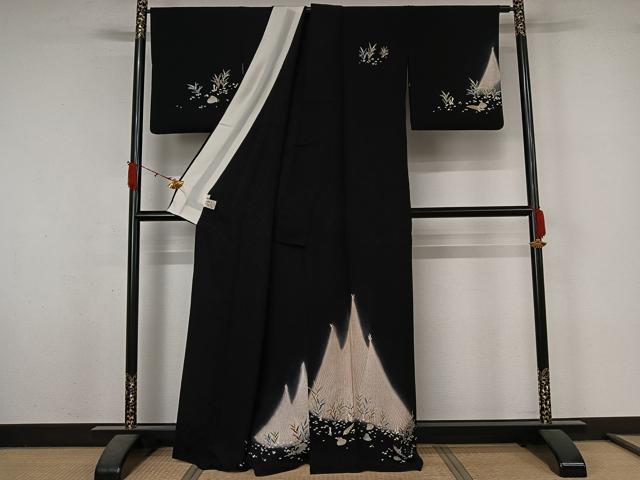 平和屋着物▽訪問着　単衣　風景文　貝　暈し染め　黒地　金彩　正絹　逸品　AABL3965jh
