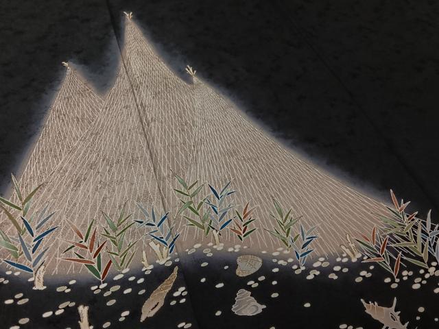 平和屋着物▽訪問着　単衣　風景文　貝　暈し染め　黒地　金彩　正絹　逸品　AABL3965jh