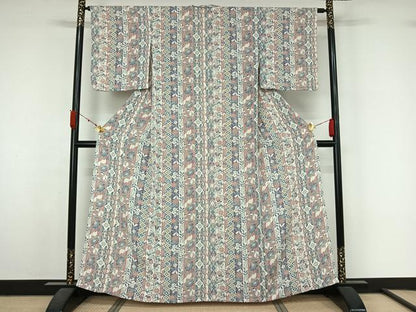 平和屋着物▽上質な小紋　単衣　更紗花間道　鬼しぼ縮緬　正絹　逸品　AABL3966jh