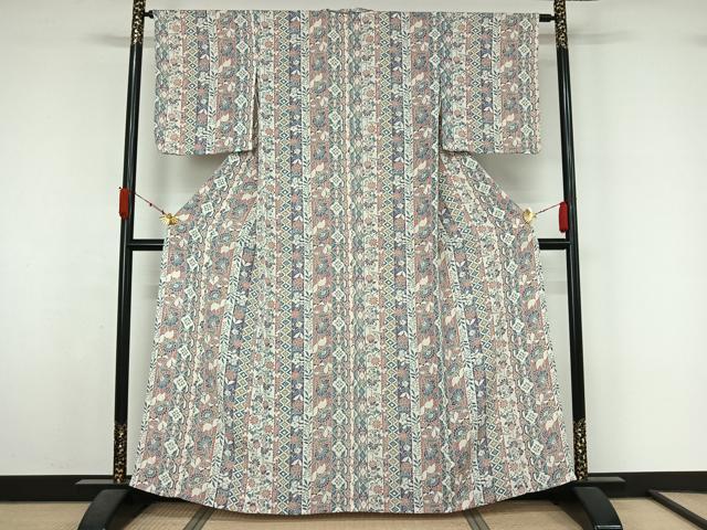 平和屋着物▽上質な小紋　単衣　更紗花間道　鬼しぼ縮緬　正絹　逸品　AABL3966jh