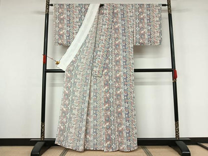 平和屋着物▽上質な小紋　単衣　更紗花間道　鬼しぼ縮緬　正絹　逸品　AABL3966jh