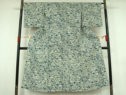 平和屋着物▽上質な小紋　単衣　型染め　風景流水花文　鬼しぼ縮緬　正絹　逸品　AABL3972jh