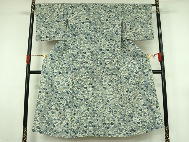 平和屋着物▽上質な小紋　単衣　型染め　風景流水花文　鬼しぼ縮緬　正絹　逸品　AABL3972jh