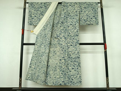 平和屋着物▽上質な小紋　単衣　型染め　風景流水花文　鬼しぼ縮緬　正絹　逸品　AABL3972jh