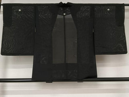 平和屋着物▽羽織　スリーシーズン　春夏秋　塵除け　風景花文　黒地　正絹　逸品　未使用　AABL3973jh
