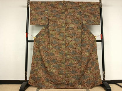 平和屋着物▽上質な小紋　単衣　手描き　草花文　正絹　逸品　AABL3974jh