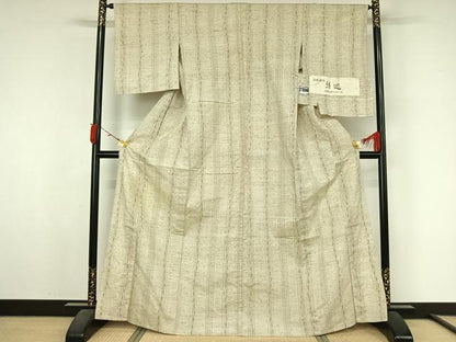 平和屋着物▽ぜんまい紬　単衣　白鷹山ぜんまい糸　縞　反端付き　正絹　逸品　AABL3981jh