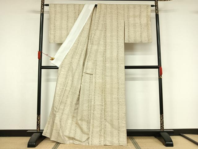 平和屋着物▽ぜんまい紬　単衣　白鷹山ぜんまい糸　縞　反端付き　正絹　逸品　AABL3981jh