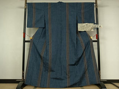 平和屋着物▽白倉紬　単衣　よろけ縞　反端付き　正絹　逸品　AABL3984jh
