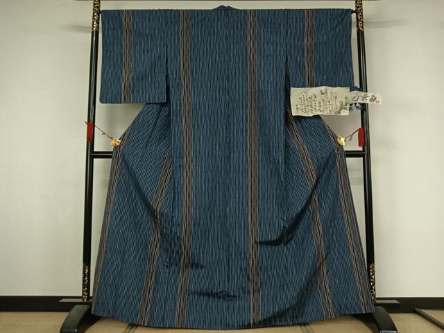 平和屋着物▽白倉紬　単衣　よろけ縞　反端付き　正絹　逸品　AABL3984jh
