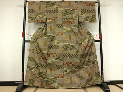 平和屋着物▽本場染大島紬　単衣　石畳文　櫛　ぽっくり下駄　正絹　逸品　AABL3986jh