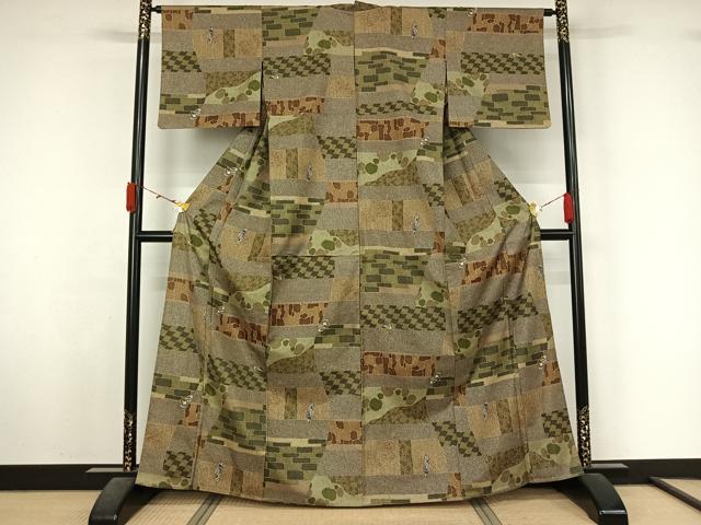 平和屋着物▽本場染大島紬　単衣　石畳文　櫛　ぽっくり下駄　正絹　逸品　AABL3986jh