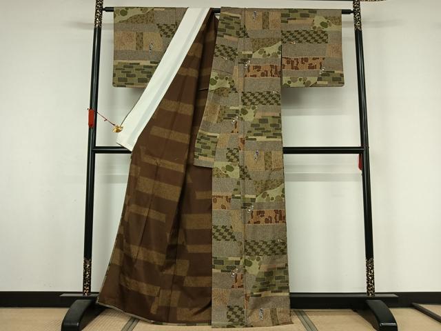平和屋着物▽本場染大島紬　単衣　石畳文　櫛　ぽっくり下駄　正絹　逸品　AABL3986jh