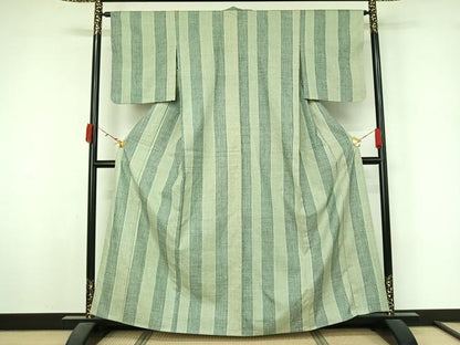 平和屋着物▽結城紬　単衣　80亀甲　縞　正絹　逸品　AABL3987jh