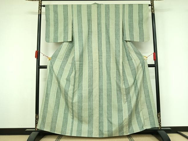 平和屋着物▽結城紬　単衣　80亀甲　縞　正絹　逸品　AABL3987jh