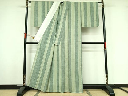 平和屋着物▽結城紬　単衣　80亀甲　縞　正絹　逸品　AABL3987jh