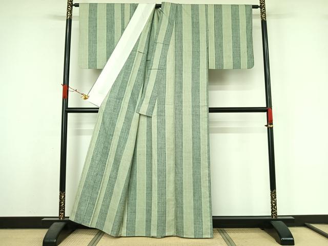 平和屋着物▽結城紬　単衣　80亀甲　縞　正絹　逸品　AABL3987jh