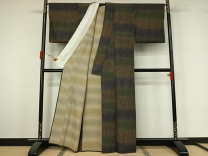 平和屋着物▽上質な小紋　単衣　変わり縞　正絹　逸品　AABL3988jh