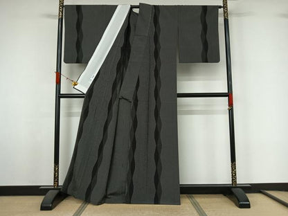 平和屋着物▽本塩沢　単衣　立涌文　黒地　正絹　逸品　AABL3989jh