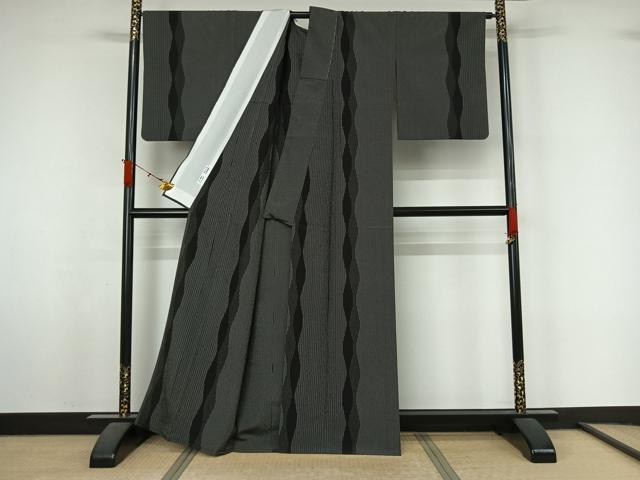 平和屋着物▽本塩沢　単衣　立涌文　黒地　正絹　逸品　AABL3989jh