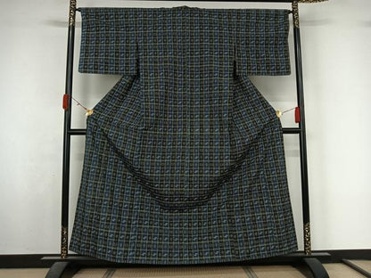 平和屋着物▽本場琉球絣　紬　単衣　格子　正絹　逸品　AABL3990jh