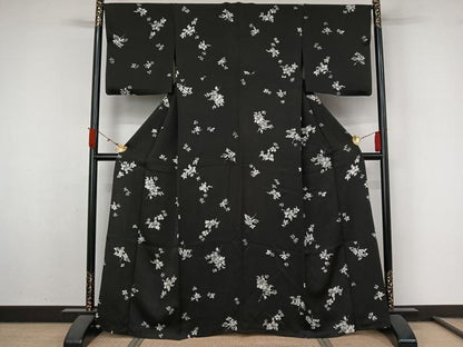平和屋着物▽上質な小紋　単衣　草花文　黒地　正絹　逸品　AABL3991jh