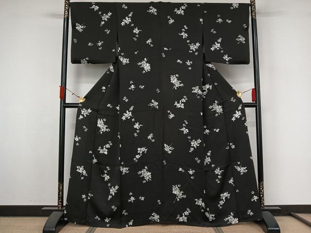 平和屋着物▽上質な小紋　単衣　草花文　黒地　正絹　逸品　AABL3991jh