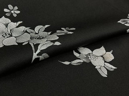 平和屋着物▽上質な小紋　単衣　草花文　黒地　正絹　逸品　AABL3991jh