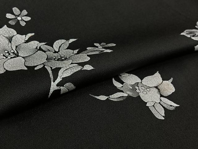 平和屋着物▽上質な小紋　単衣　草花文　黒地　正絹　逸品　AABL3991jh