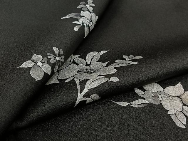 平和屋着物▽上質な小紋　単衣　草花文　黒地　正絹　逸品　AABL3991jh