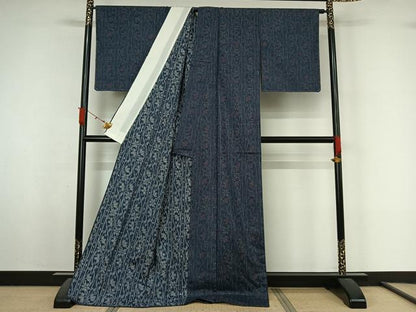 平和屋着物▽石川県指定無形文化財　牛首紬　白山工房　手織り　単衣　花唐草間道　ロング丈　正絹　逸品　未使用　AABL3992jh