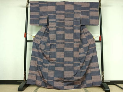 平和屋着物▽上質な紬 　単衣　絞り　横段文 　正絹　逸品　未使用　AABL3994jh