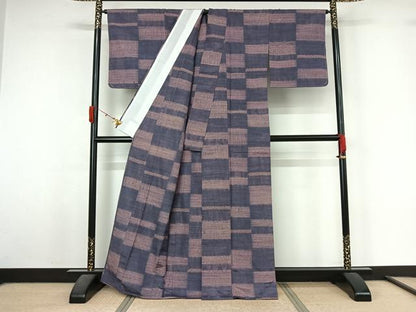 平和屋着物▽上質な紬 　単衣　絞り　横段文 　正絹　逸品　未使用　AABL3994jh