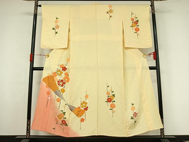 平和屋着物▽訪問着　単衣　駒刺繍　扇面花文　暈し染め　金彩　正絹　逸品　AABL3996jh