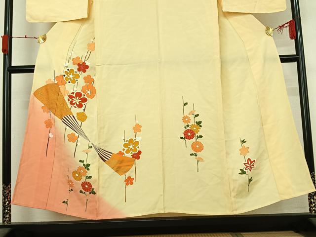 平和屋着物▽訪問着　単衣　駒刺繍　扇面花文　暈し染め　金彩　正絹　逸品　AABL3996jh