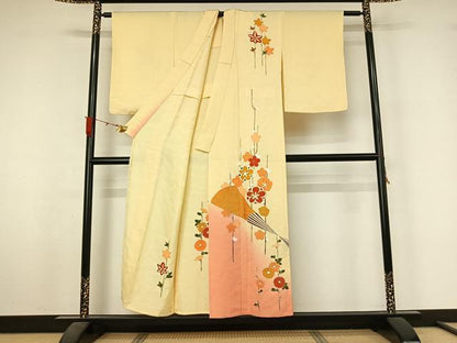 平和屋着物▽訪問着　単衣　駒刺繍　扇面花文　暈し染め　金彩　正絹　逸品　AABL3996jh