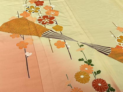 平和屋着物▽訪問着　単衣　駒刺繍　扇面花文　暈し染め　金彩　正絹　逸品　AABL3996jh