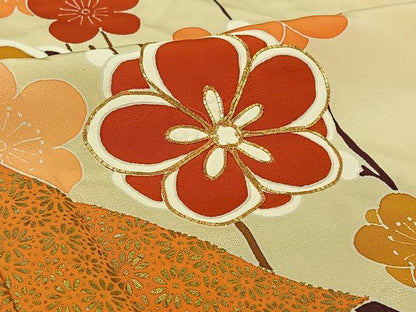 平和屋着物▽訪問着　単衣　駒刺繍　扇面花文　暈し染め　金彩　正絹　逸品　AABL3996jh