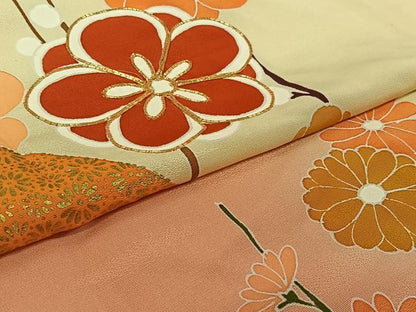 平和屋着物▽訪問着　単衣　駒刺繍　扇面花文　暈し染め　金彩　正絹　逸品　AABL3996jh