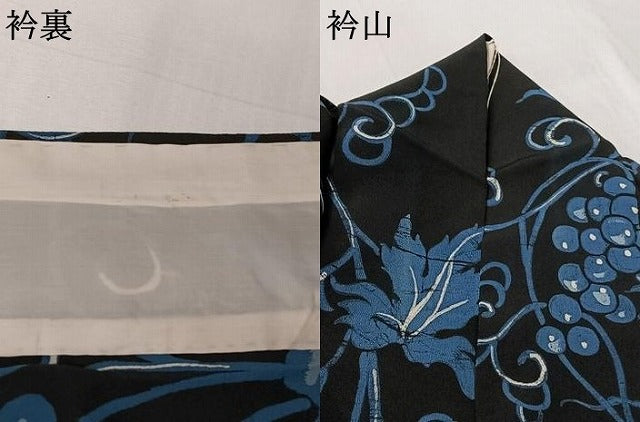 平和屋着物▽上質な小紋　単衣　葡萄唐草文　ろうけつ染め　黒地　正絹　逸品　AABL4009jh