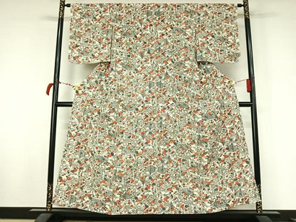 平和屋着物▽上質な小紋　単衣　型染め　風景花文　鬼しぼ縮緬　正絹　逸品　AABL4012jh