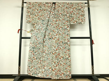 平和屋着物▽上質な小紋　単衣　型染め　風景花文　鬼しぼ縮緬　正絹　逸品　AABL4012jh