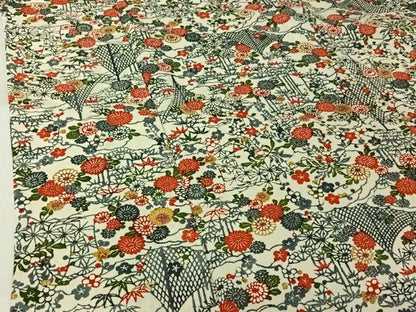 平和屋着物▽上質な小紋　単衣　型染め　風景花文　鬼しぼ縮緬　正絹　逸品　AABL4012jh