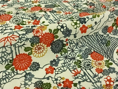 平和屋着物▽上質な小紋　単衣　型染め　風景花文　鬼しぼ縮緬　正絹　逸品　AABL4012jh