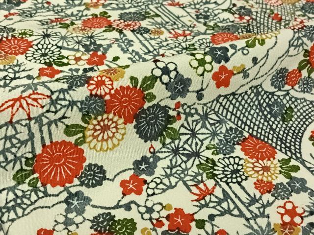平和屋着物▽上質な小紋　単衣　型染め　風景花文　鬼しぼ縮緬　正絹　逸品　AABL4012jh