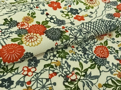 平和屋着物▽上質な小紋　単衣　型染め　風景花文　鬼しぼ縮緬　正絹　逸品　AABL4012jh